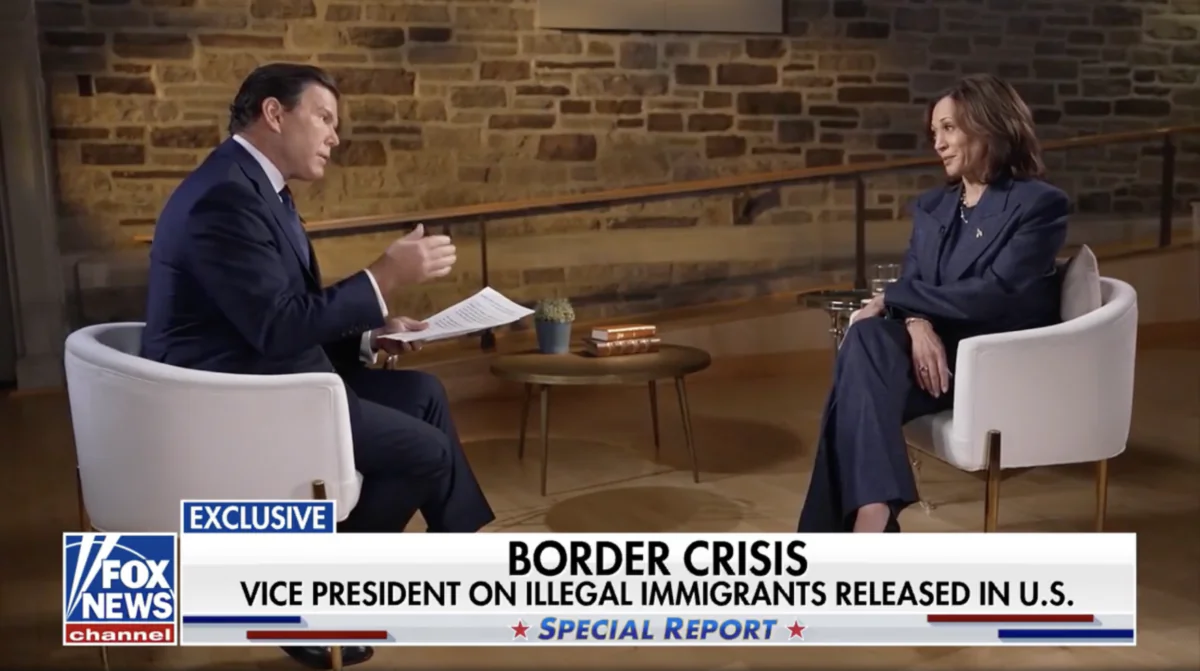 Fox News anchor Bret Baier interviews Vice President Kamala Harris in Washington Crossing, Pennsylvania, in an interview aired on Oct. 16. (Courtesy of Fox News)