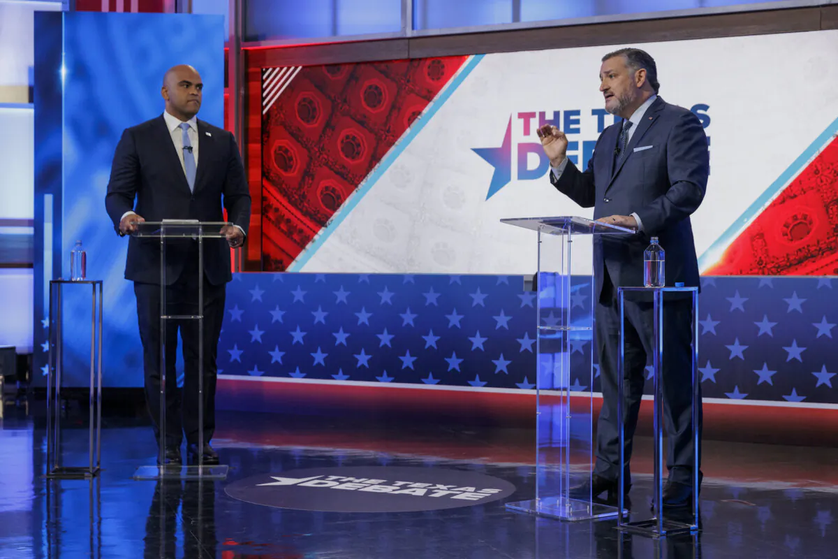 Sen. Ted Cruz (R-Texas), right, speaks during a U.S. Senate debate with Rep. Colin Allred (D-Texas) in Dallas on Oct. 15, 2024. (Shelby Tauber/Texas Tribune via AP, Pool)