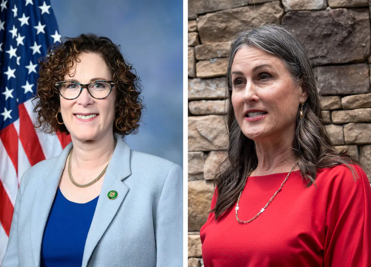 (Left) Rep. Val Hoyle (D-Oreg.) official portrait,  on Jan. 3, 2023. (Right) Monique DeSpain, a House of Representatives Republican nominee for Oregon’s 4th district, speaks during an event in Washington on June 11, 2024. 
(U.S. House of Representatives, Public domain, via Wikimedia Commons; Madalina Vasiliu/The Epoch Times) 