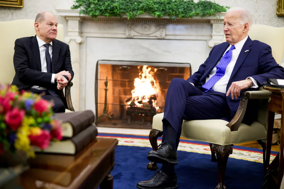 U.S. President Joe Biden (R) participates in a bilateral meeting with German Chancellor Olaf Scholz (L) at the Oval Office of the White House in Washington, DC. on Feb. 9, 2024. (Alex Wong/Getty Images)