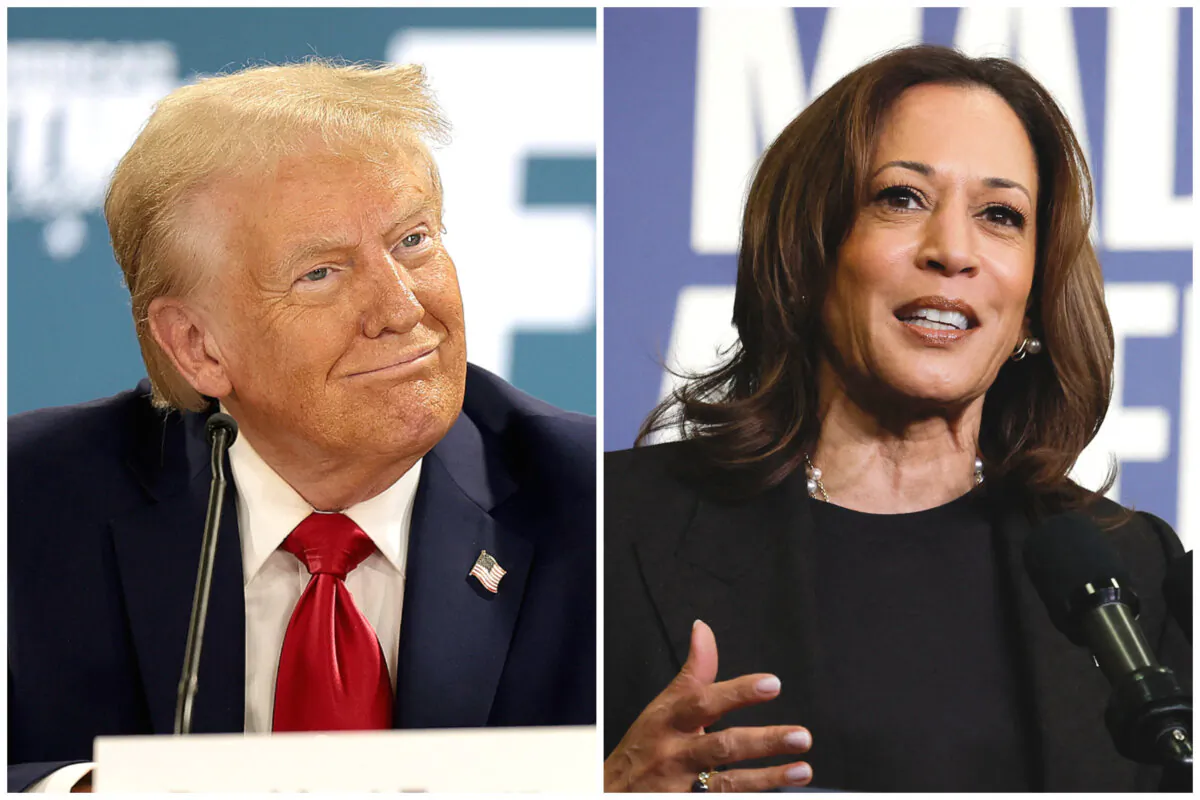 (Left) Former President Donald Trump at a roundtable discussion with community members in Auburn Hills, Mich., on Oct. 18, 2024. (Right) Vice President Kamala Harris speaks during a campaign event in Lansing, Mich., on Oct. 18, 2024. (Win McNamee/Getty Images; Jeff Kowalsky/AFP via Getty Images)