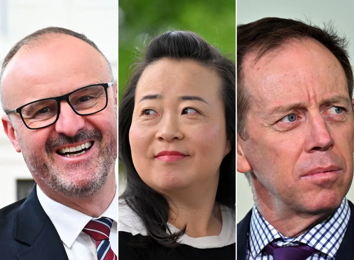 A triptych of ACT Labor Chief Minister Andrew Barr at a polling booth at the Museum of Australian Democracy at Old Parliament House in Canberra, Australia on Oct. 3, 2023 (left), ACT Liberal leader Elizabeth Lee at Parliament House in Canberra, on Oct. 18, 2024 (centre), and ACT Greens Leader Shane Rattenbury at a press conference at Parliament House in Canberra on Sept. 14, 2023. (AAP Image/Lukas Coch, Mick Tsikas)