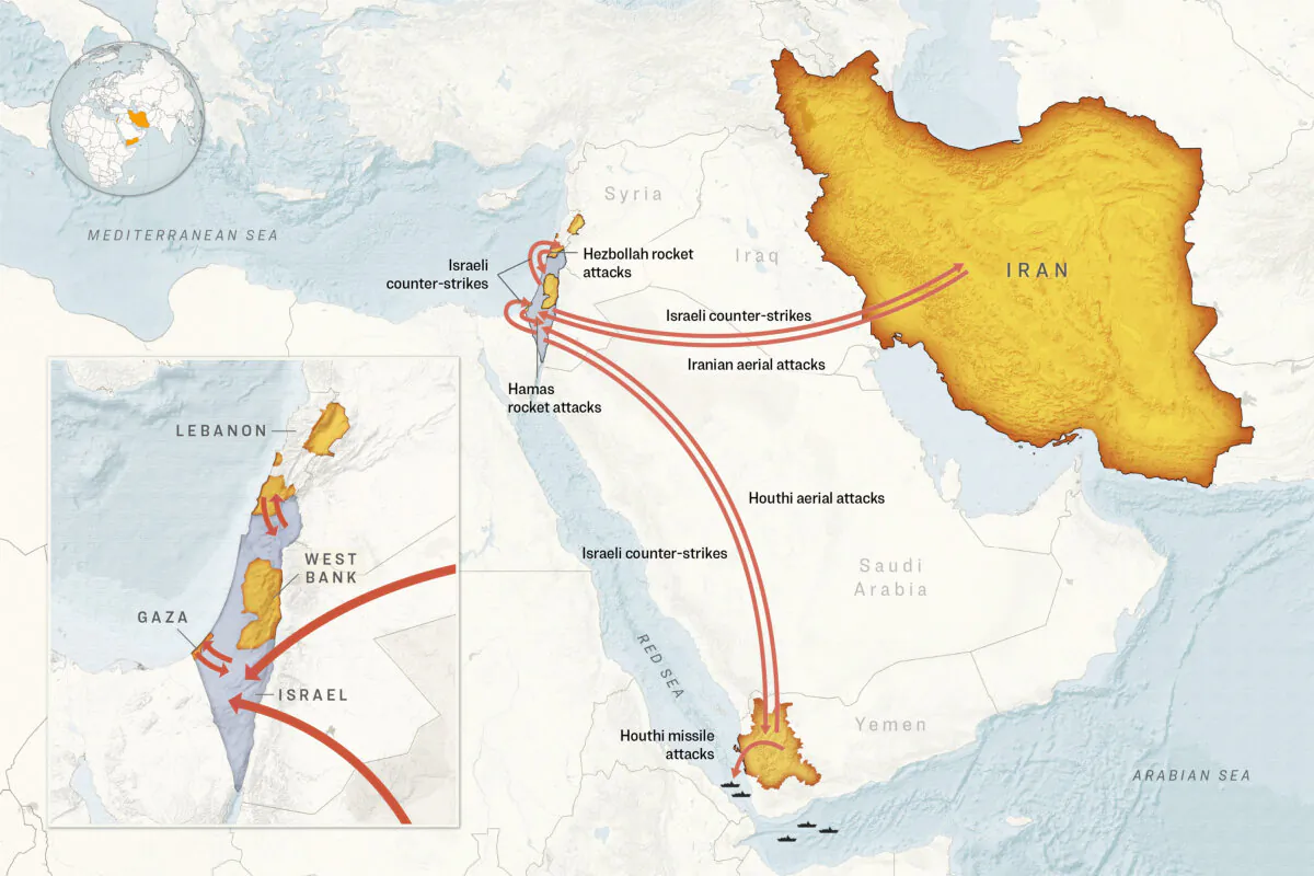Air attacks between the axis of resistance terror network and Israel. (Illustration by The Epoch Times)