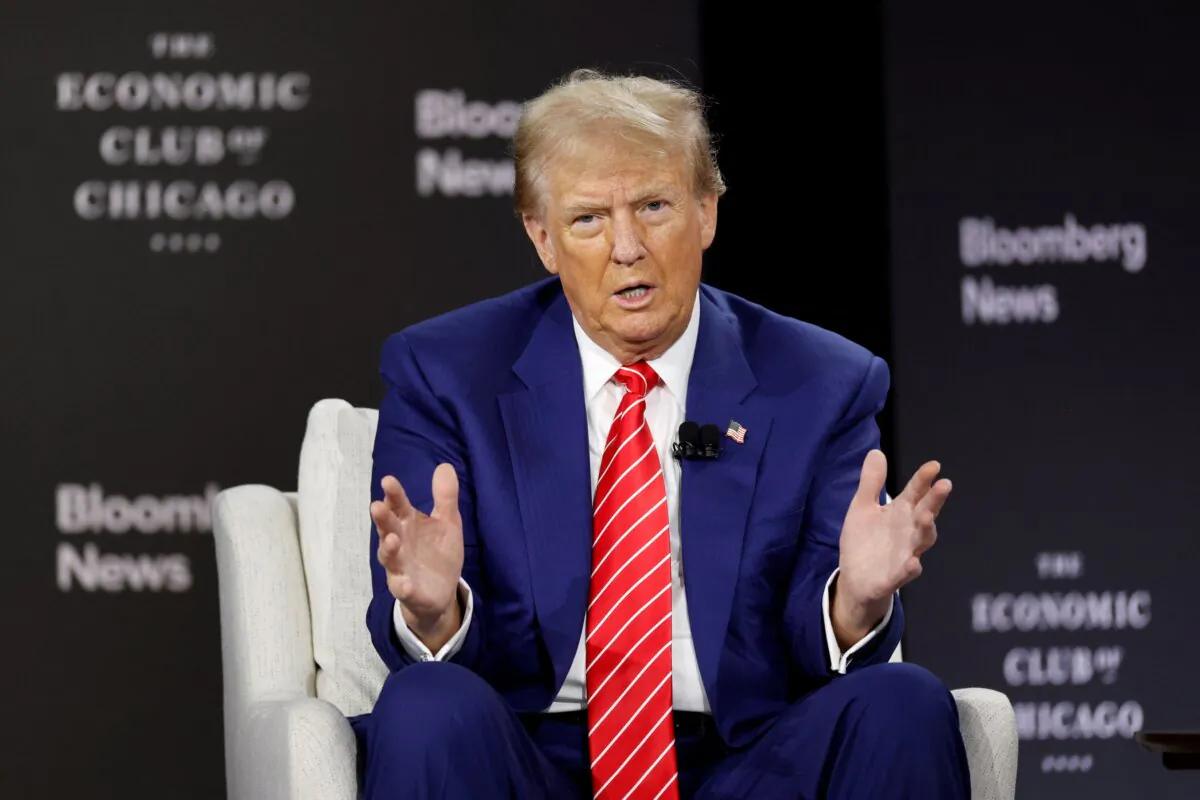 Former President and Republican presidential candidate Donald Trump speaks during an interview with Bloomberg Editor-in-Chief John Micklethwait at the Economic Club of Chicago, Ill., on Oct. 15, 2024. (Kamil Krzaczynski/AFP via Getty Images)