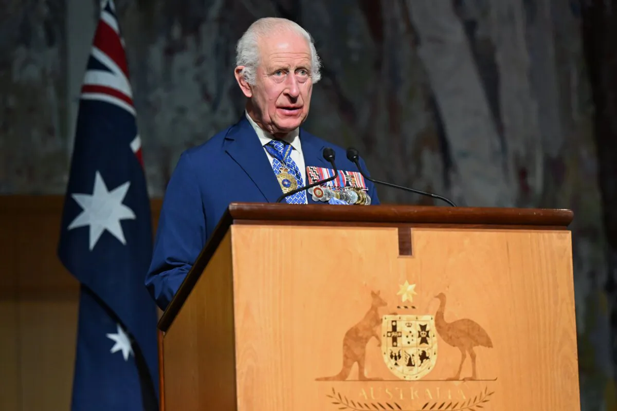 Britain's King Charles III delivers a speech while attending a Parliamentary reception hosted by Australian Prime Minister Anthony Albanese and partner Jodie Jaydon at Parliament House in Canberra, Australia on Oct. 21, 2024. (AAP Image/Lukas Coch
