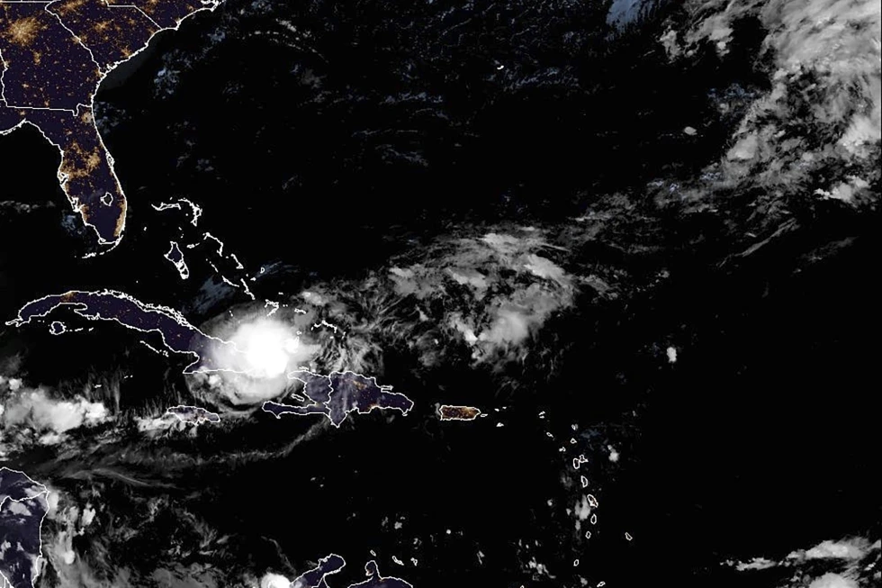 A satellite image shows Hurricane Oscar at 6:40 p.m. ET on Oct. 20, 2024. (NOAA via AP)
