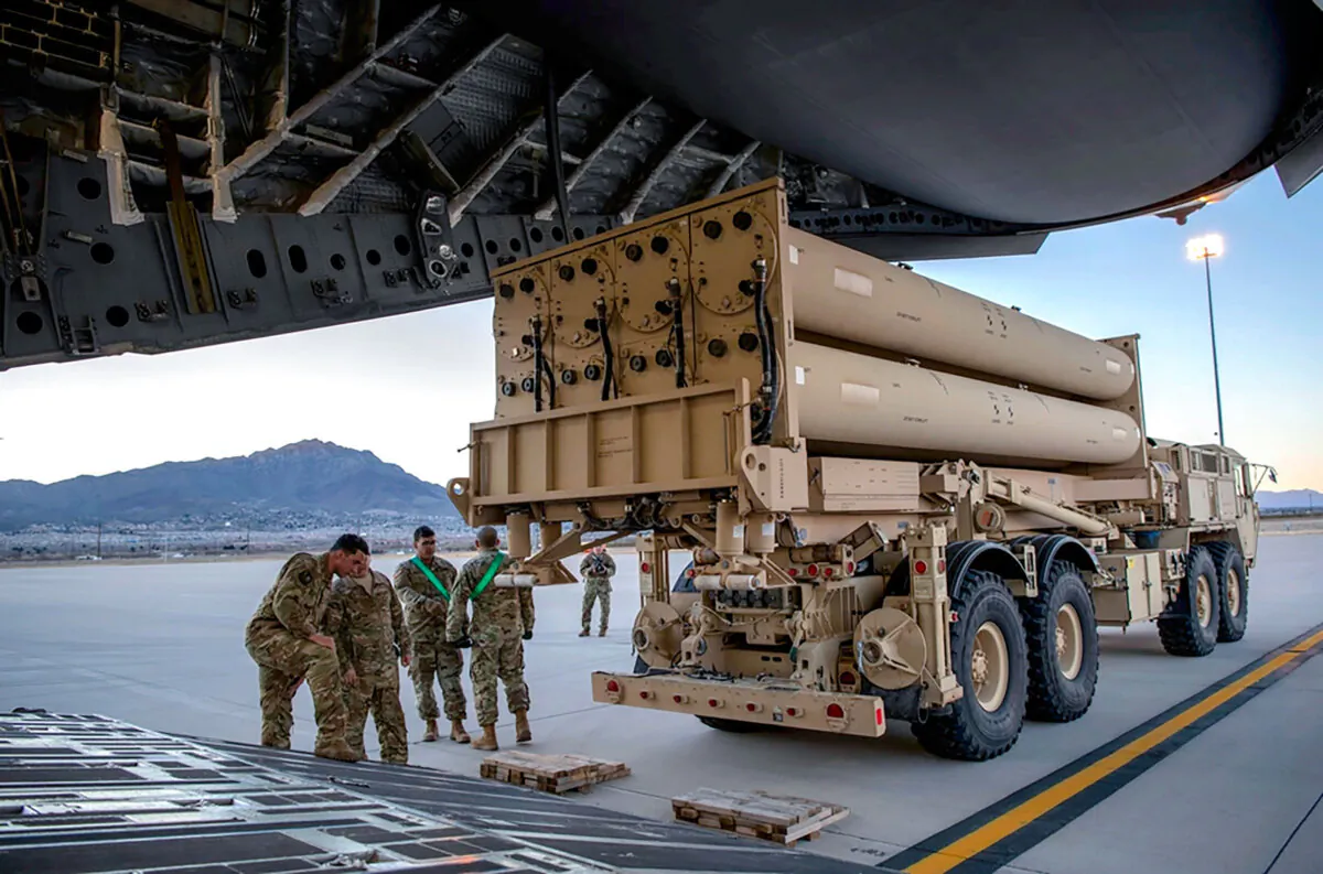 A Terminal High Altitude Area Defense (THAAD) launching station preparing to load onto a 4th Airlift Squadron C-17 Globemaster III at Fort Bliss, Texas, on Feb. 23, 2019. (Staff Sgt. Cory D. Payne/U.S. Air Force via AP)
