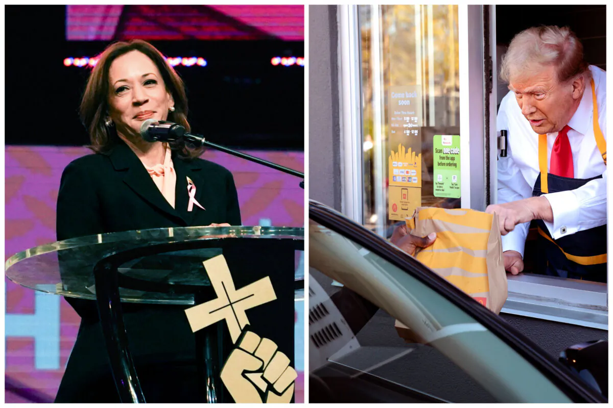 (Left) Vice President Kamala Harris speaks during a church service at New Birth Missionary Baptist Church in Stonecrest, Ga., on Oct. 20, 2024. (Right) Former President Donald Trump works the drive-thru line as he visits a McDonald's restaurant in Feasterville-Trevose, Pa., on Oct. 20, 2024. (Megan Varner, Win McNamee/Getty Images)