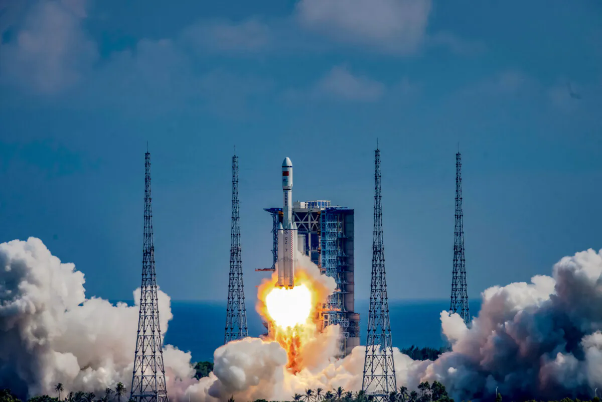 A Long March 7Y4 rocket carrying the Tianzhou 3 cargo ship to deliver supplies to Tiangong space station is launched from the Wenchang Space Launch Center in Hainan Province, China, on Sept. 20, 2021. (STR/AFP via Getty Images)