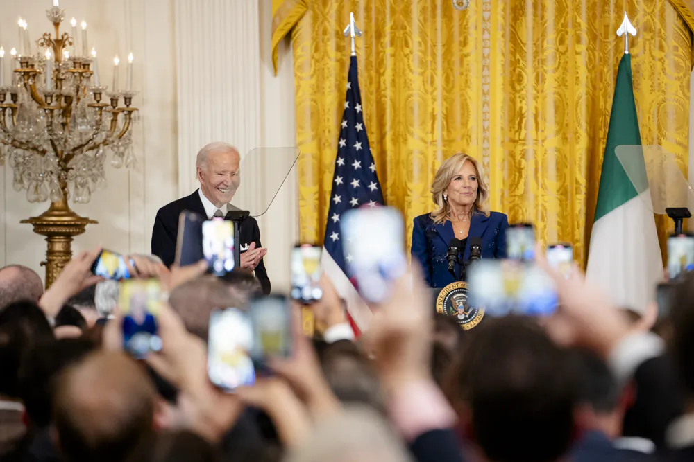 First Lady Jill Biden and President Joe Biden speak during the Italian American Heritage Month Reception at the White House in Washington on Oct. 16, 2024. (Madalina Vasiliu/The Epoch Times)