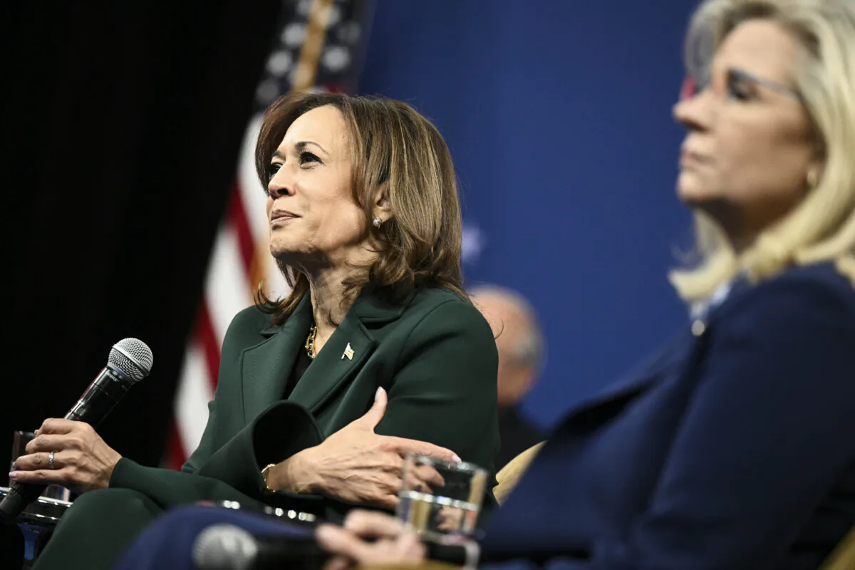 Vice President and Democratic presidential candidate Kamala Harris (L) holds a moderated conversation with Former Rep. Liz Cheney (R-Wyo.), at People's Light performing arts theater Malvern, Pa., on Oct. 21, 2024. (Brendan Smialowski/AFP via Getty Images)