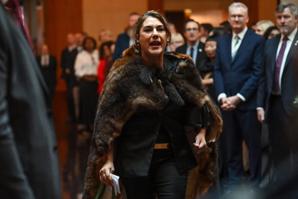 Australian politician, former Greens now independent Senator Lidia Thorpe heckles King Charles III during the ceremonial welcome and Parliamentary reception at the Australian Parliament House in Canberra, Australia on Oct. 21, 2024. (Victoria Jones - Pool/Getty Images)