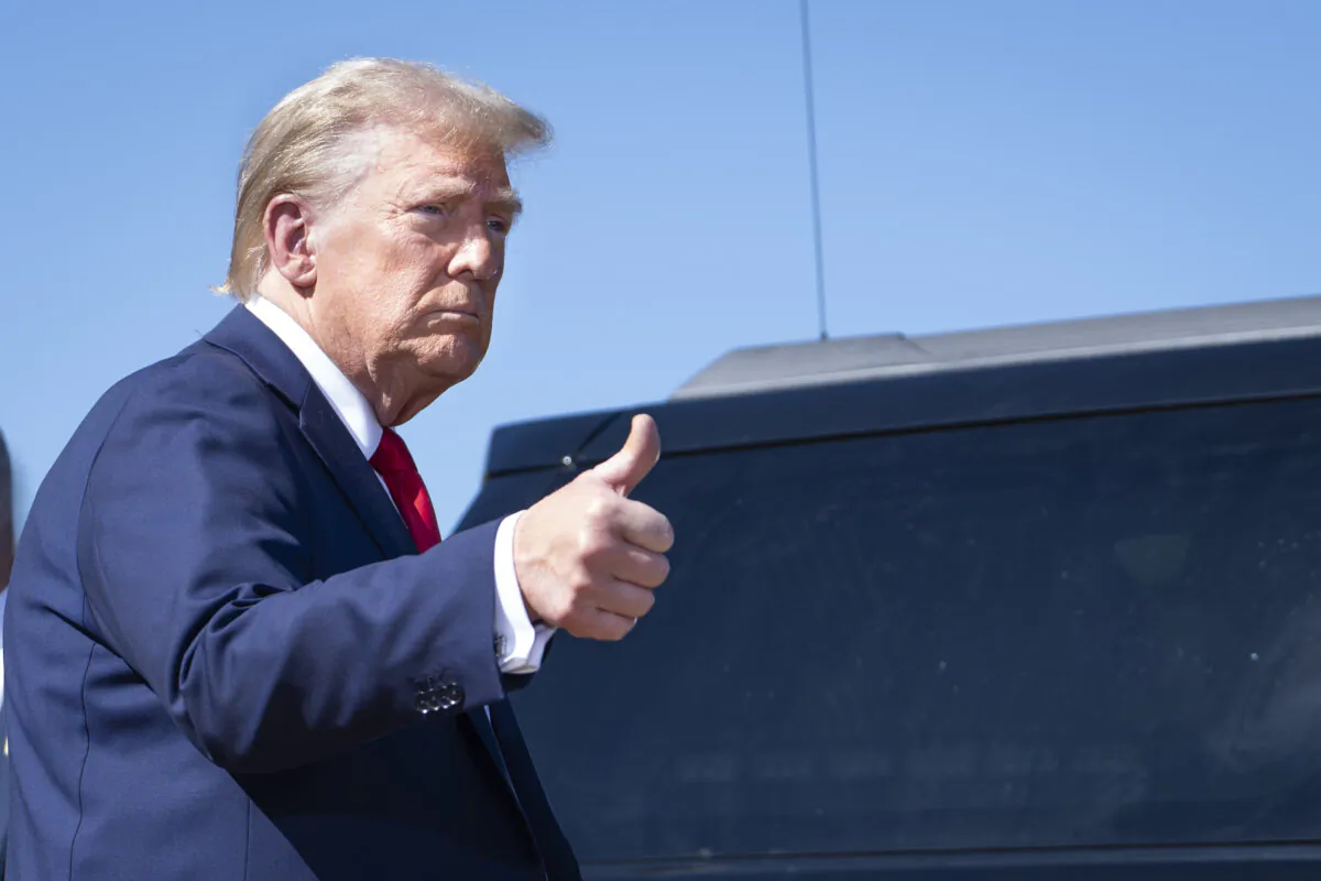 Republican presidential nominee and former President Donald Trump speaks to the press in Asheville, N.C., on Oct. 21, 2024. (Madalina Vasiliu/The Epoch Times)