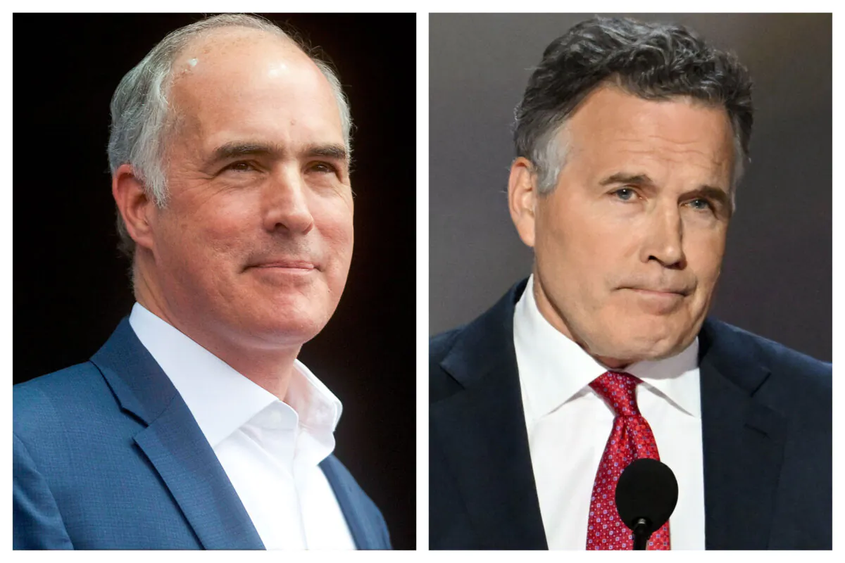 (Left) Sen. Bob Casey (D-Pa.) in Philadelphia on Sept. 21, 2018; (Right) Senate candidate from Pennsylvania Dave McCormick in Milwaukee on July 16, 2024. (Mark Makela/Getty Images; Andrew Caballero-Reynolds/AFP via Getty Images)