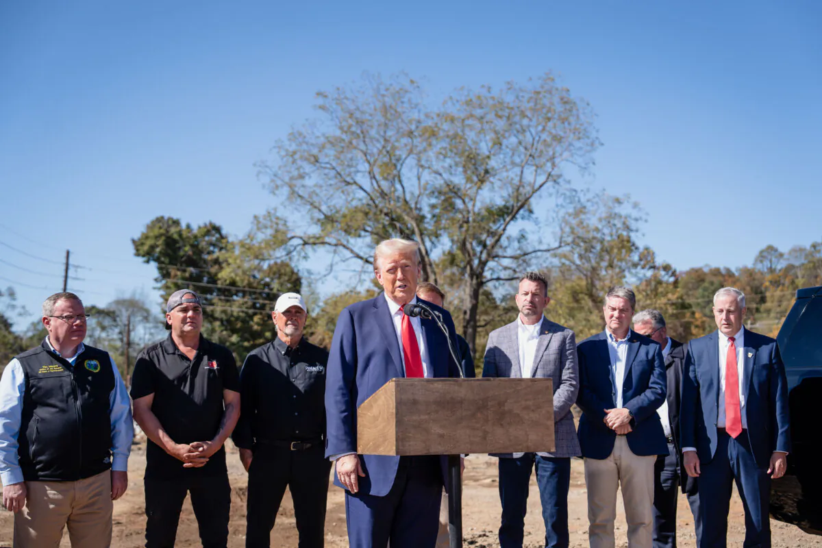 Republican presidential candidate, former President Donald J. Trump, speaks to the press in Asheville, N.C., on Oct. 21, 2024. (Madalina Vasiliu/The Epoch Times)