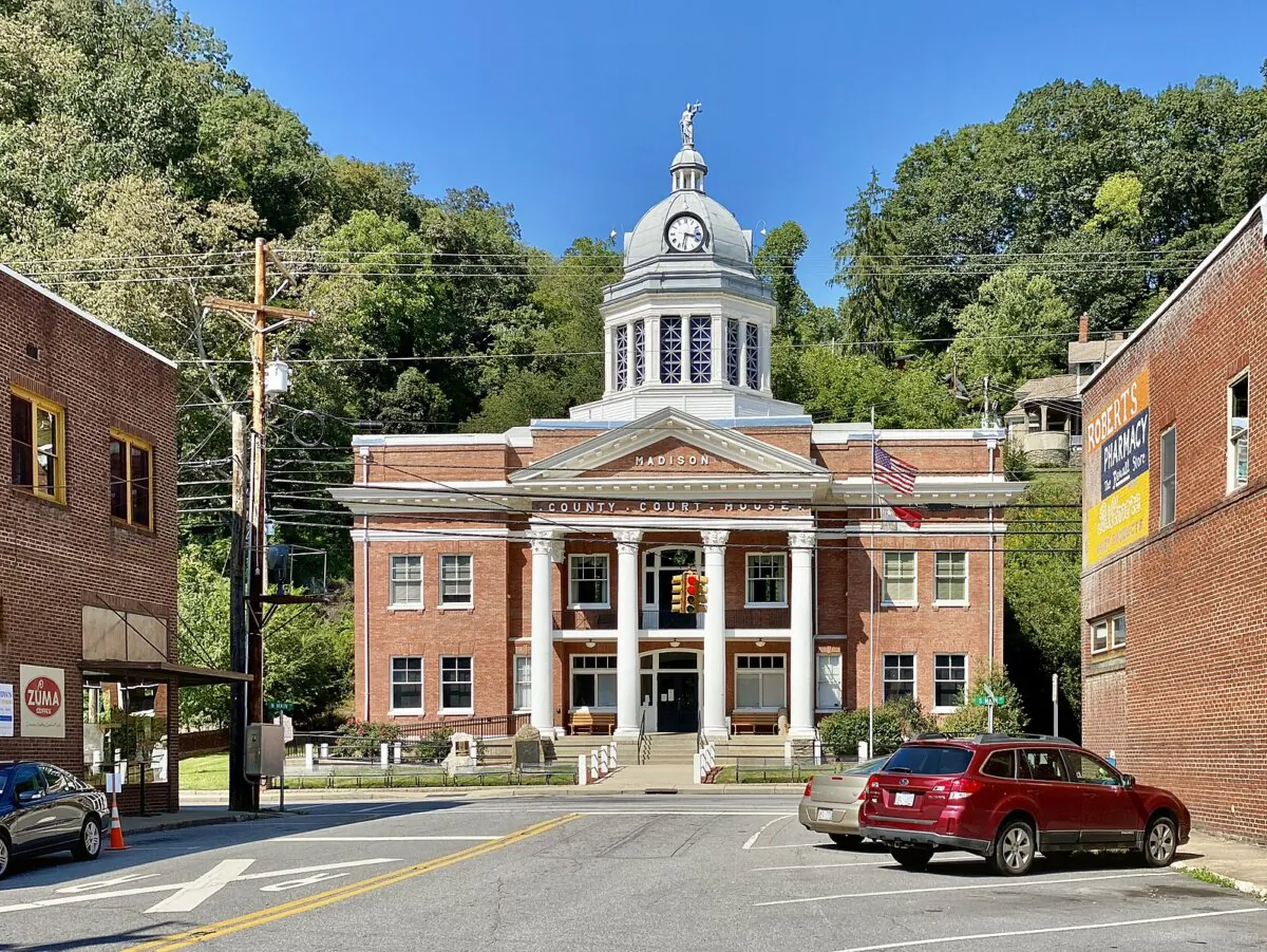 The Madison County Courthouse in Marshall, N.C. was just renovated in February 2024. This photo was taken just a few weeks before Hurricane Helene devastated the area. (Public Domain)