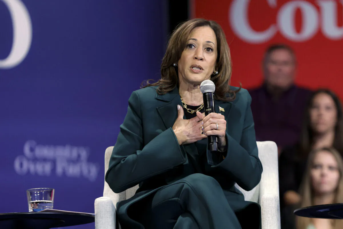Vice President and Democratic presidential nominee Kamala Harris speaks during a moderated conversation with former U.S. Rep. Liz Cheney (out of frame) at the Sharon Lynne Wilson Center for the Arts in Brookfield, Wis., on Oct. 21, 2024. (Kamil Krzaczynski/AFP via Getty Images)