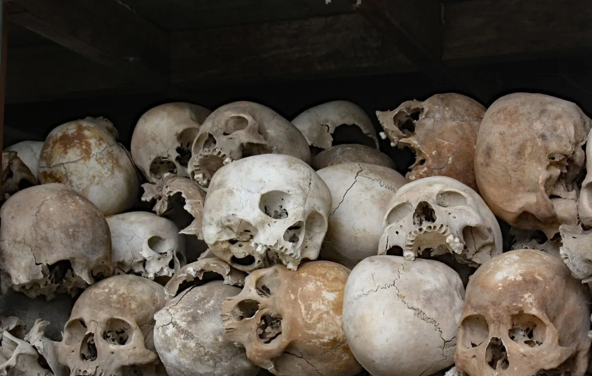 Skulls of young men murdered by the Pol Pot regime in the Killing Fields of the Cambodian Holocaust, on display in a shrine to the dead, in Phnom Penh, Cambodia, on Jan. 11, 2012. (Dale Warren/Shutterstock)