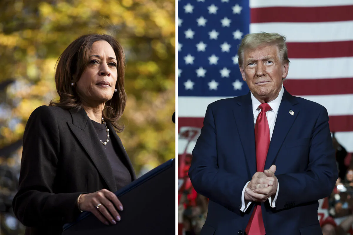 (Left) Democratic presidential nominee Vice President Kamala Harris speaks at a campaign event in Grand Rapids, Mich., on Oct. 18, 2024; (Right) Republican presidential nominee, former President Donald Trump, arrives on stage during a town hall campaign event at the Lancaster County Convention Center in Lancaster, Pa., on Oct. 20, 2024. (Bill Pugliano, Win McNamee/Getty Images)  