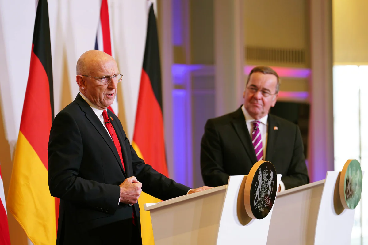 Defence Secretary John Healey (left) and his German counterpart Boris Pistorius (right) speaking at a press conference after signing a new UK–Germany Defence Agreement at Trinity House in London, on Oct. 23, 2024. (Jordan Pettitt/PA Wire)