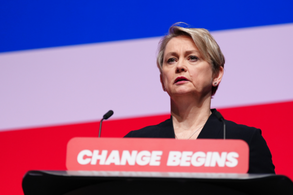 Home Secretary Yvette Cooper delivers her speech during the Labour Party Conference, at the Arena and Convention Centre in Liverpool, England, on Sept. 24, 2024. (Peter Byrne/PA Wire)