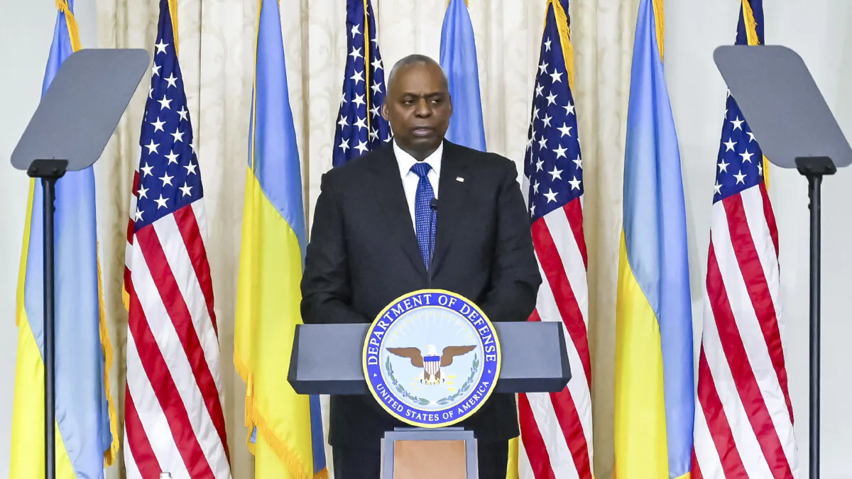 U.S. Secretary of Defense Lloyd Austin speaks at a news briefing following his meeting with the Ukrainian president and other Ukrainian officials in Kyiv on Oct. 21, 2024. (Sergei Olexandrov/AFP via Getty Images)
