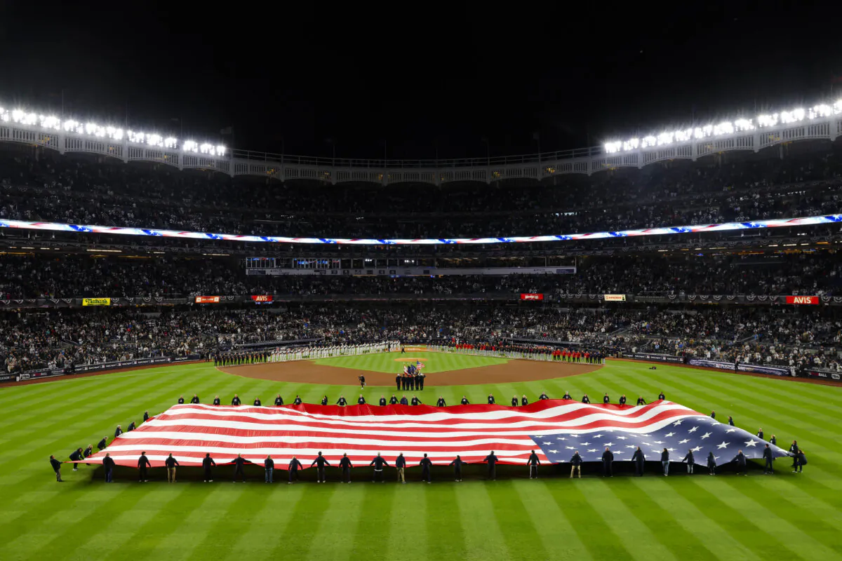 A general view during the national anthem ahead of Game 1 of the American League Championship Series between the Cleveland Guardians and the New York Yankees at Yankee Stadium in New York City on Oct, 14, 2024. (Mike Stobe/Getty Images)