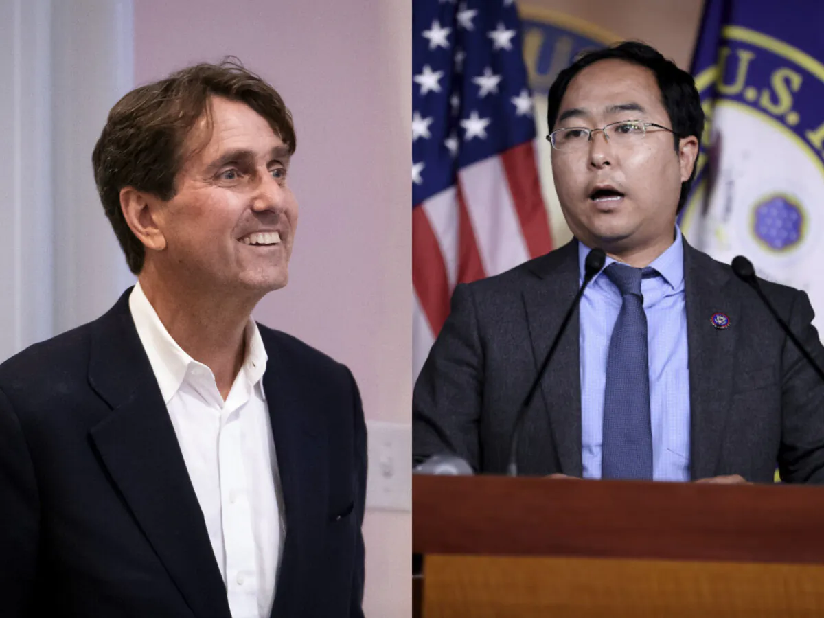 (Left) Republican U.S. Senate candidate for New Jersey Curtis Bashaw; (Right) U.S. Rep. Andy Kim (D-N.J.). (Madalina Vasiliu/The Epoch Times; Chip Somodevilla/Getty Images)