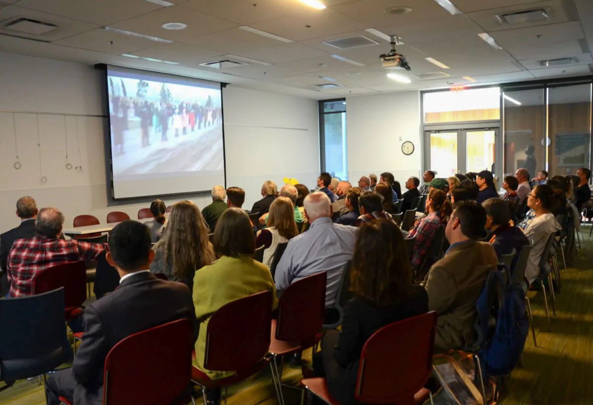 Dozens gather for the screening of "State Organs," a documentary exposing forced organ harvesting in China, at Hockessin Public Library in Delaware on Oct. 21, 2024. (Frank Liang/The Epoch Times)