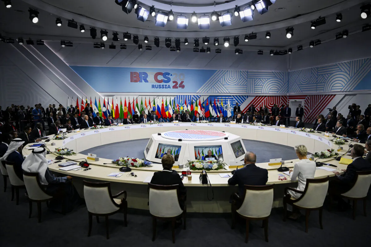 Russian President Vladimir Putin gives a speech during the extended format meeting of the BRICS summit in Kazan, Russia, on Oct. 23, 2024. (Alexander Nemenov/AFP via Getty Images)