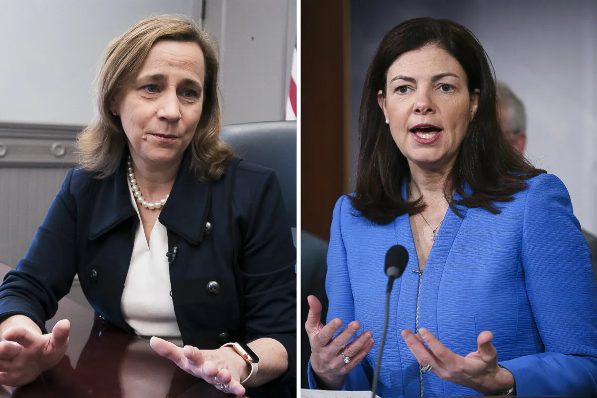 (Left) Then-Democratic Manchester Mayor Joyce Craig at her office in Manchester, N.H., on March 29, 2018; (Right) Then-Republican Sen. Kelly Ayotte at the U.S. Capitol in Washington on Jan. 8, 2013. (Don Emmert/AFP via Getty Images; Mark Wilson/Getty Images)  