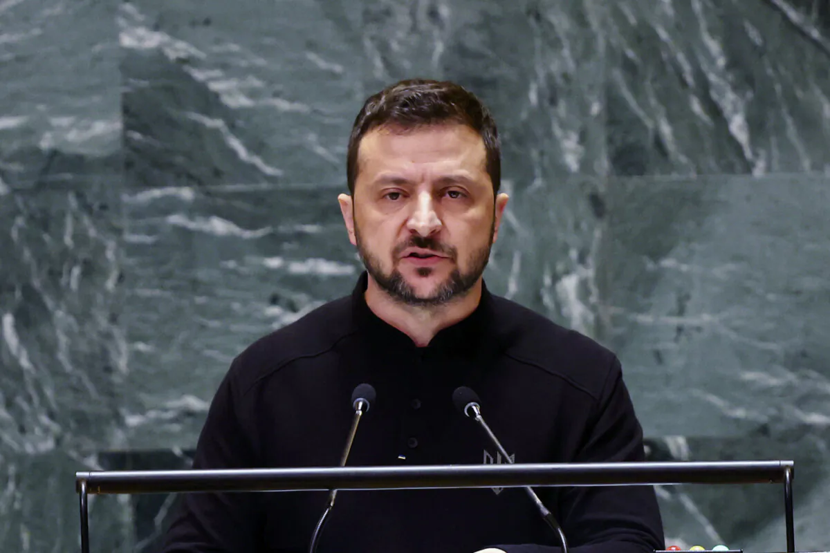 Ukrainian President Volodymyr Zelenskyy addresses world leaders during the U.N. General Assembly at the U.N. headquarters in New York City on Sept. 25, 2024. (Spencer Platt/Getty Images)