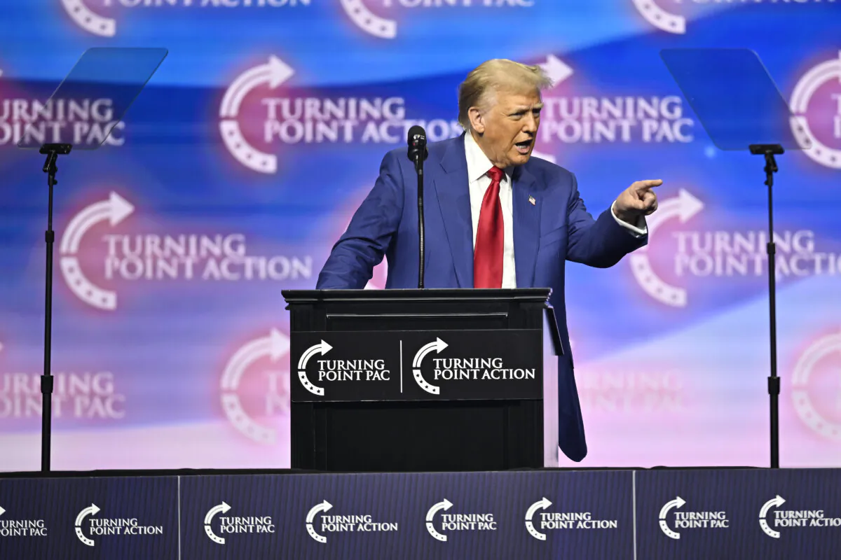 Former President Donald J. Trump speaks at a Turning Point PAC and Turning Point Action rally in Duluth, Ga., on Oct. 23, 2024. (Jim Blackburn for The Epoch Times)