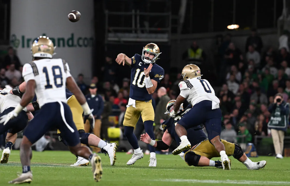 Sam Hartman #10 of Notre Dame throws the ball during the Aer Lingus College Football Classic game between Notre Dame and Navy at Aviva Stadium in Dublin, Ireland, on Aug. 26, 2023. (Charles McQuillan/Getty Images)