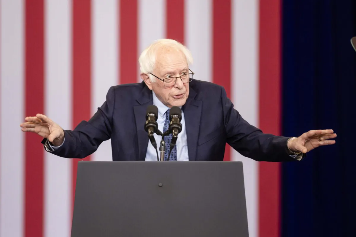 Sen. Bernie Sanders (I-Vt.) delivers remarks on stage at NHTI Concord Community College before President Joe Biden in Concord, N.H., on Oct. 22, 2024. (Scott Eisen/Getty Images)