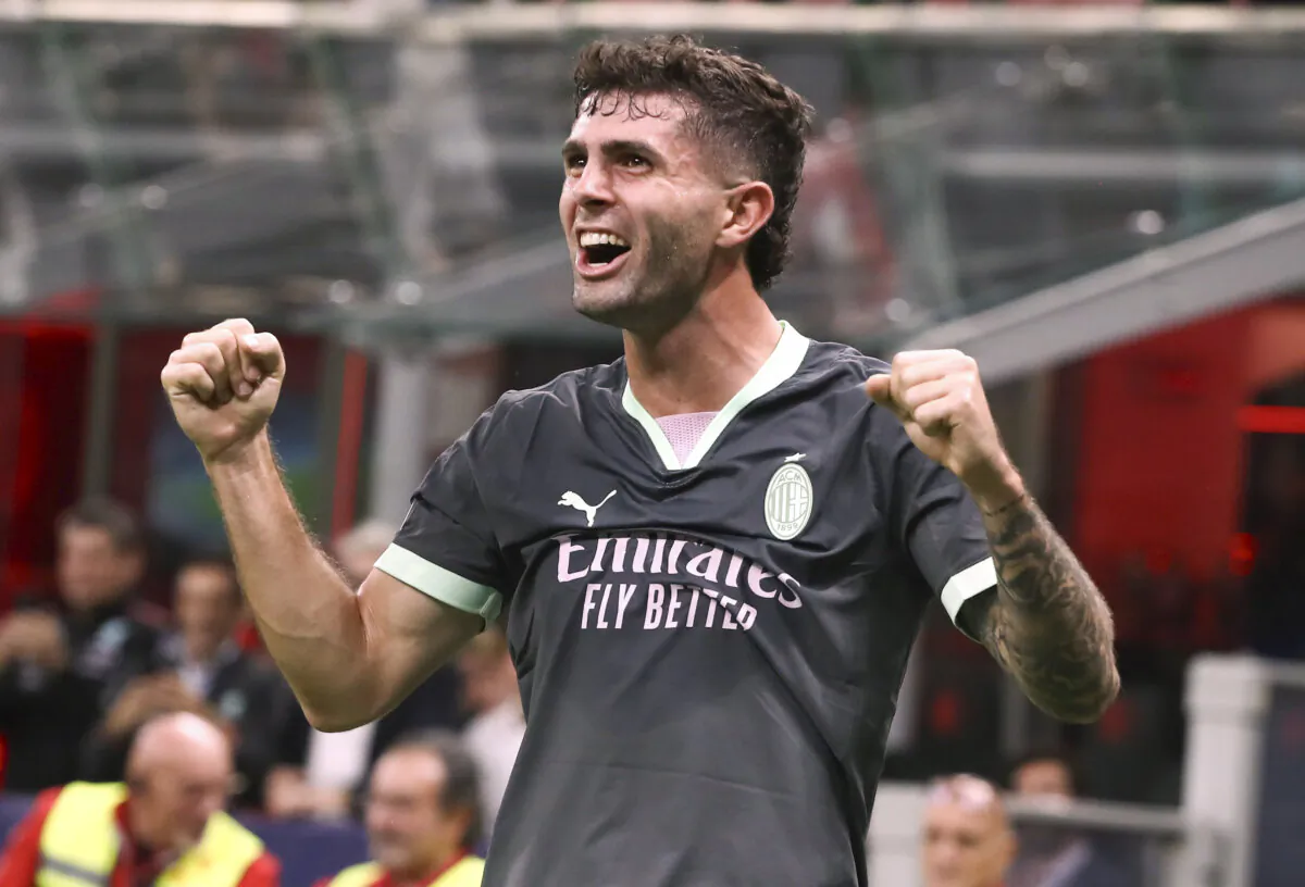Christian Pulisic of AC Milan celebrates after scoring the opening goal during the UEFA Champions League 2024/25 League Phase MD3 match between AC Milan and Club Brugge KV at Stadio San Siro  in Milan, Italy, on October 22, 2024. (Marco Luzzani/Getty Images)