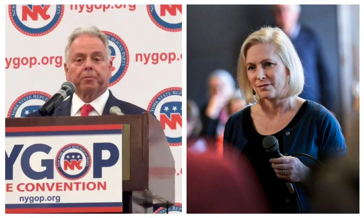 (Left) Mike Sapraicone in Binghamton, N.Y., on Feb. 22, 2024. (Courtesy of the Broome County Republican Committee); (Right) Sen. Kirsten Gillibrand (D-N.Y.) in Dubuque, Iowa, on March 19, 2019. (Scott Olson/Getty Images)