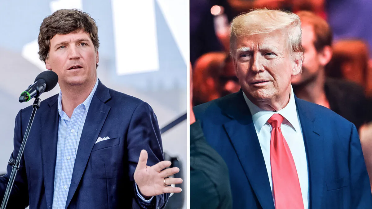 Tucker Carlson (L) speaks during the Mathias Corvinus Collegium (MCC) Feszt in Esztergom, Hungary, on Aug. 7, 2021. (Janos Kummer/Getty Images); Former President Donald Trump (R) attends the Ultimate Fighting Championship (UFC) 287 mixed martial arts event at the Kaseya Center in Miami, Fla., on April 8, 2023. (Chandan Khanna/AFP via Getty Images)