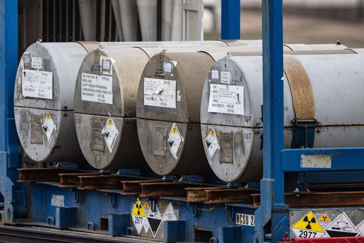 Cylinders of uranium from the Russian cargo ship unloaded at the port of Dunkirk, northern France, on March 20, 2023. (Sameer Al-Doumy/AFP via Getty Images)