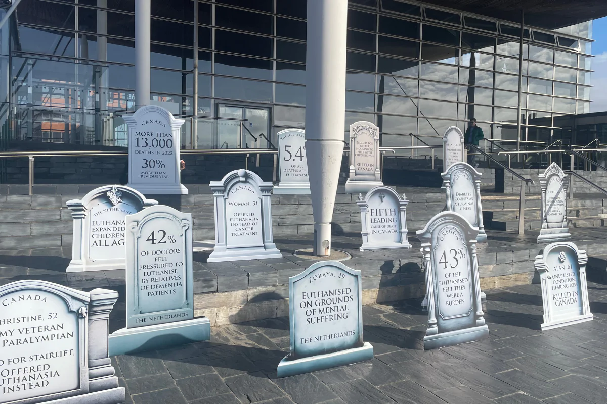 Tombstones set up by Christian Concern outside the Senedd ahead of a debate on a motion supporting assisted suicide in Cardiff, Wales, on Oct. 23, 2024. (George Thompson/PA Wire)
