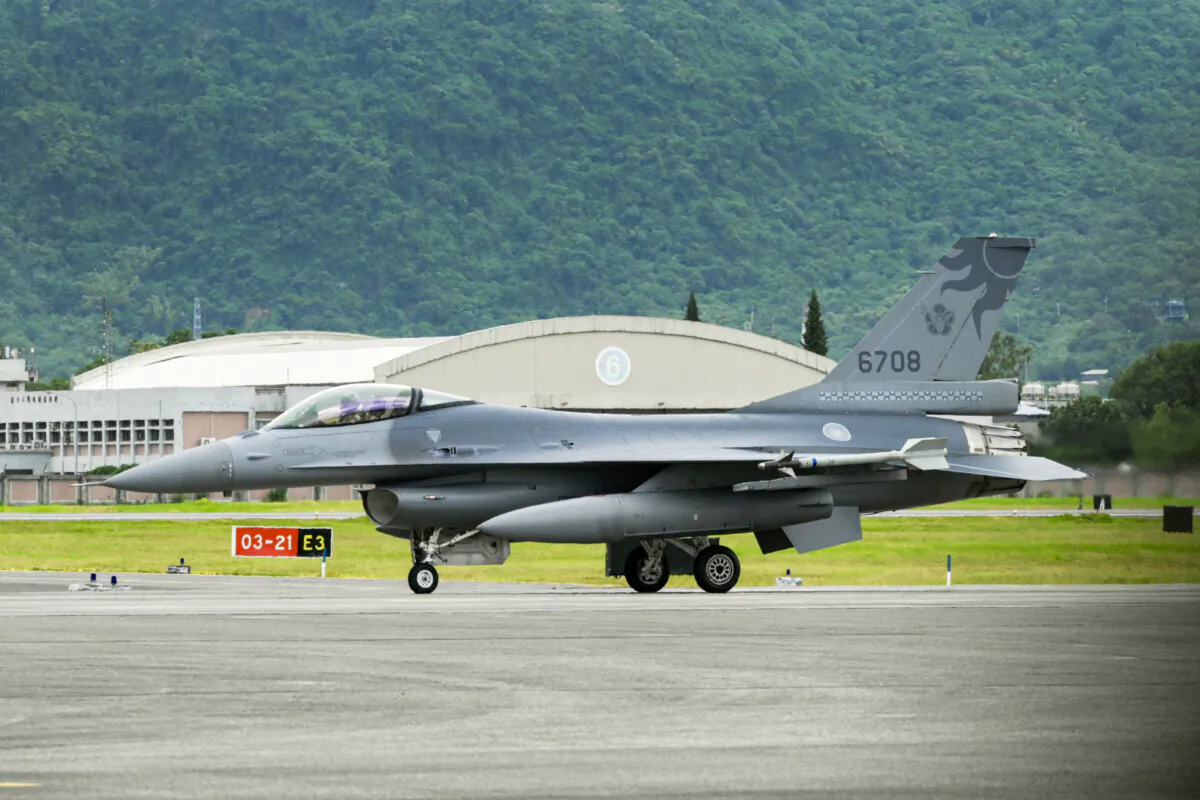 A U.S.-made F-16V fighter jet taxis on the runway at an air force base during the annual Han Kuang military drills in Hualien, Taiwan, on July 23, 2024. (Sam Yeh/AFP via Getty Images)