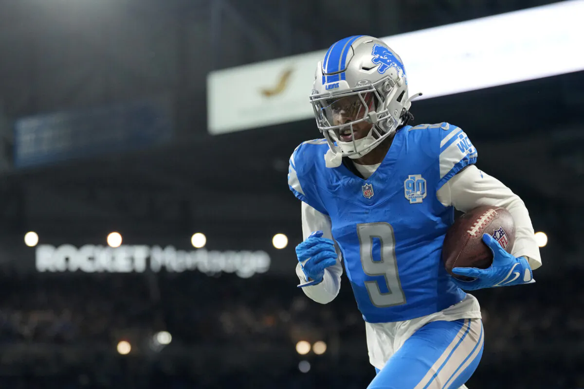 Jameson Williams (9) of the Detroit Lions warms up prior to a game against the Los Angeles Rams in the NFC Wild Card Playoffs at Ford Field  in Detroit on Jan. 14, 2024. (Nic Antaya/Getty Images)