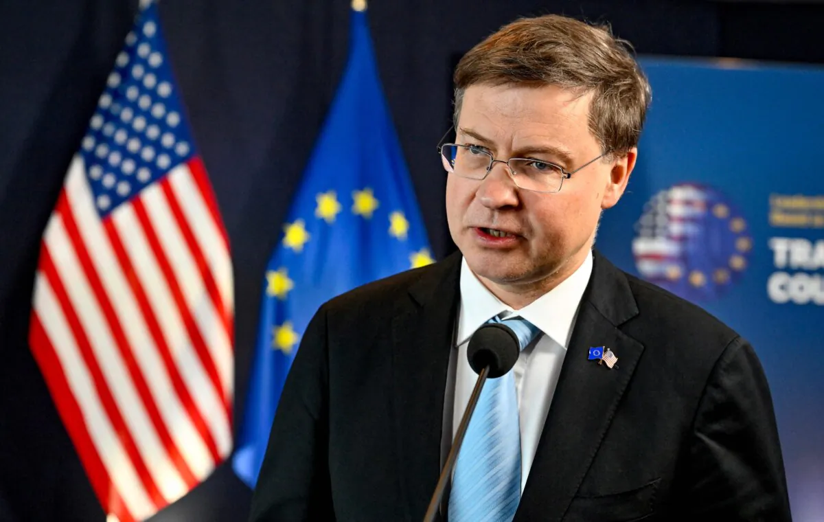 The European Union's trade chief, Valdis Dombrovskis, delivers a press conference in Lulea, northern Sweden, on May 31, 2023. (Jonas Ekstromer/ TT News Agency/AFP via Getty Images)