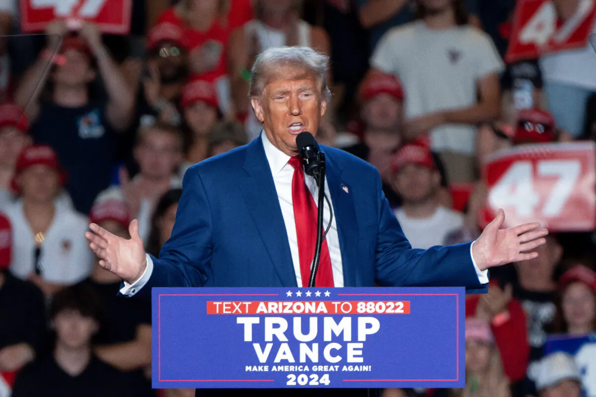 Former President Donald Trump speaks during a campaign rally at Mullett Arena in Tempe, Ariz., on Oct. 24, 2024. (Rebecca Noble/AFP via Getty Images)