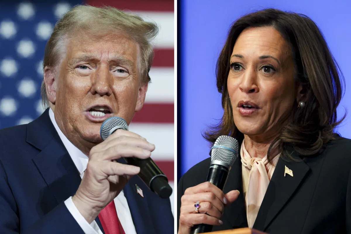 (Left) Republican presidential nominee, former President Donald Trump, speaks during a town hall campaign event at the Lancaster County Convention Center in Lancaster, Pa., on Oct. 20, 2024; (Right) Democratic presidential nominee, Vice President Kamala Harris speaks at a campaign event at Divine Faith Ministries International in Jonesboro, Ga., on Oct. 20, 2024. (Win McNamee, Megan Varner/Getty Images)