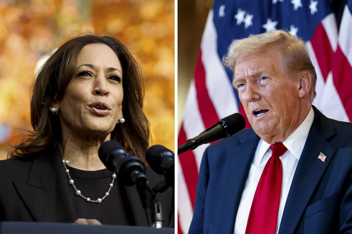 (Left) Vice President and Democratic presidential candidate Kamala Harris speaks during a campaign event at Riverside Park in Grand Rapids, Mich., on Oct. 18, 2024; (Right) Former president Donald J. Trump speaks at Trump Tower in New York City on Sept. 26, 2024. (Kamil Krzaczynski/AFP via Getty Images; Samira Bouaou/The Epoch Times)