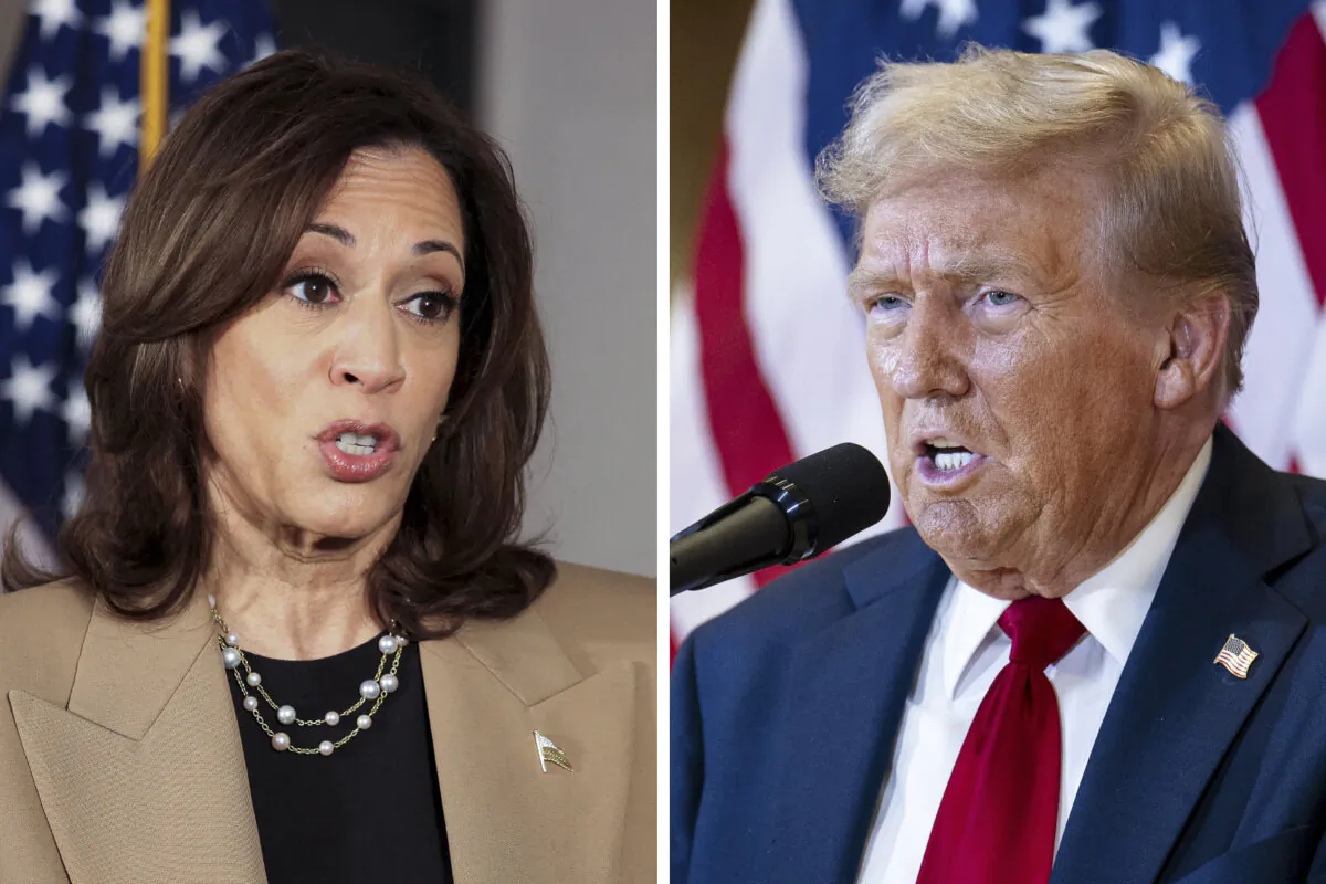 (Left) Vice President and Democratic presidential nominee Kamala Harris speaks to the press in her hotel in Philadelphia, Pa., on Oct. 24, 2024; (Right) Former president Donald Trump speaks at Trump Tower in New York City on Sept. 26, 2024. (Charly Triballeau/AFP via Getty Images; Samira Bouaou/The Epoch Times)