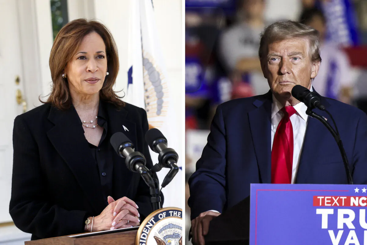 (Left) Democratic presidential nominee, Vice President Kamala Harris delivers remarks before departing the vice president’s residence in Washington, on Oct. 23, 2024; (Right) Former President and Republican presidential candidate Donald Trump speaks during a campaign rally at the Williams Arena at Minges Coliseum in Greenville, N. C., on Oct. 21, 2024. (Kevin Dietsch/Getty Images; Logan Cyrus/AFP)