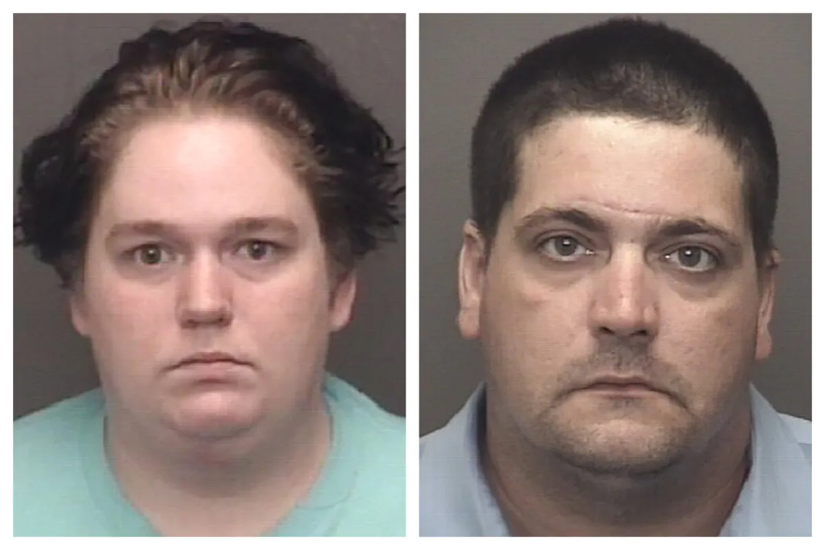 This combination of undated booking photos provided the Vanderburgh County Sheriff's Office shows Angel Schonabaum, left, and David Schonabaum. (Vanderburgh County Sheriff's Office via AP)