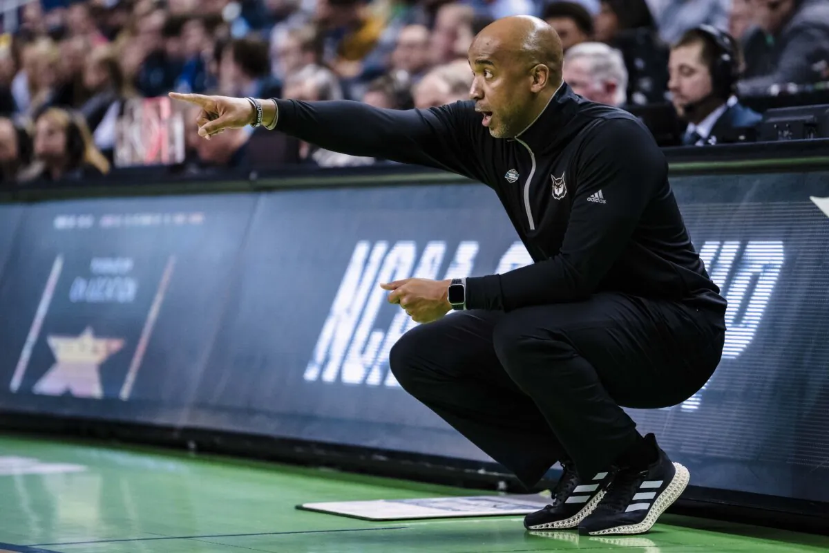 Head coach Amir Abdur-Rahim of the Kennesaw State Owls looks on against the Xavier Musketeers in the first round of the NCAA Men's Basketball Tournament at The Fieldhouse at Greensboro Coliseum in Greensboro, N.C., on March 17, 2023. (Jacob Kupferman/Getty Images)